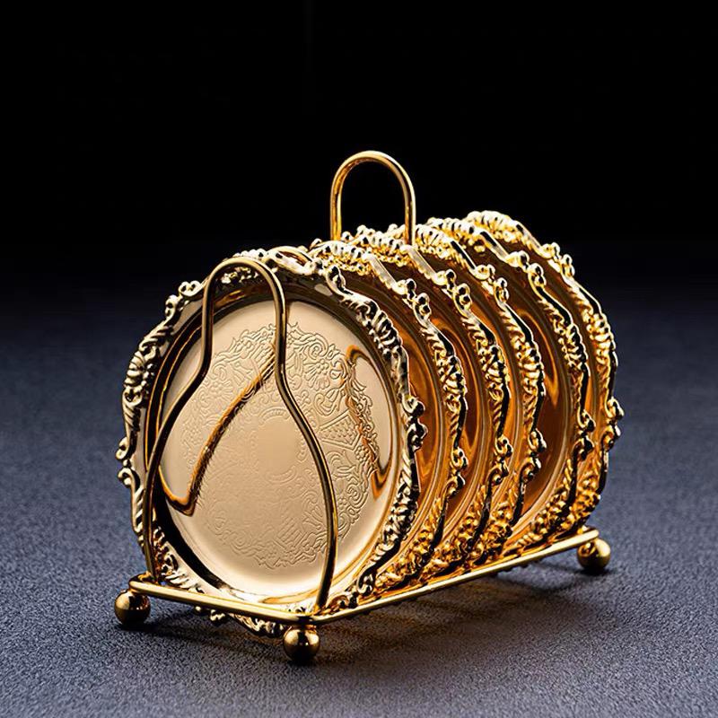 Kollektion 6-teiliges Untersetzer-Set Kreative Getränkeuntersetzer mit dekorativem Ständer Rutschfeste Metall-Tassenunterlagen Tischplatten-Display mit Halter