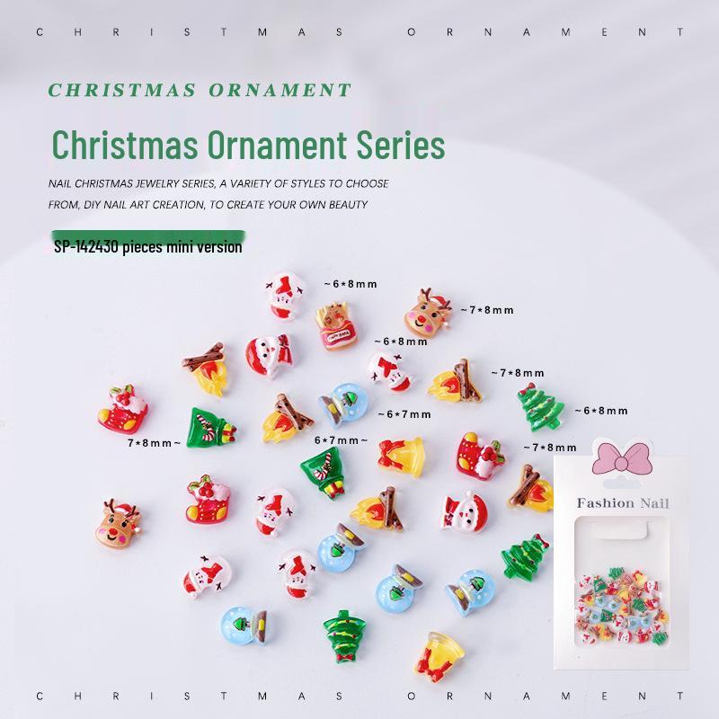 30-Piece Christmas Nail Art Set: Cute Cartoon Tree, Snowman, Gloves Resin Rhinestones