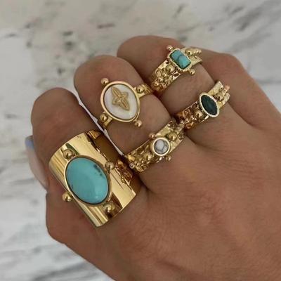 Creative Gold Plated Stainless Steel Rings for Women Simple Geometric Round Natural Stone Finger Ring Boho Vintage Zircon Gift