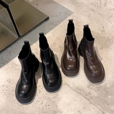 Inner Heightening Leather Martin Boots Women's Autumn and Winter Velvet British Style Chelsea Short Boots Washed Leather Platform Boots