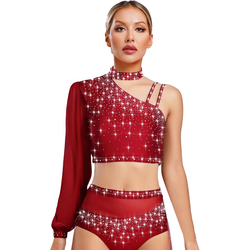 Damen Zeitgenössisches Lyrisches Tanzoberteil Asymmetrisch Durchsichtiges Netz Langarm Glänzend Bunt Strass Crop Top