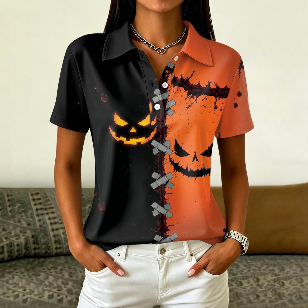 Women's Casual Button Short Sleeve Collar Top with Halloween Print