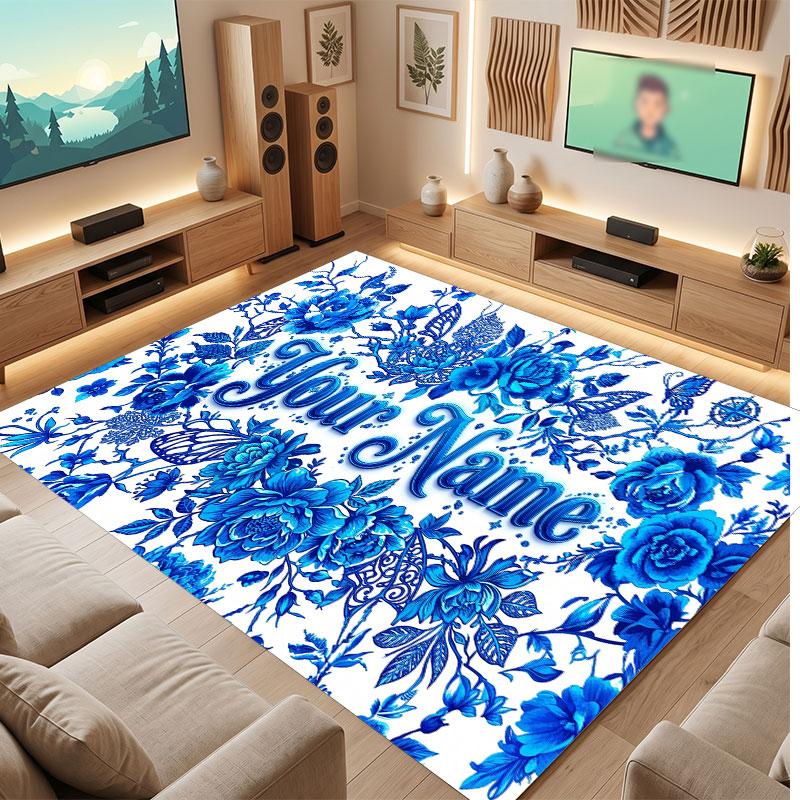 Floral Garden Theme Crystal Velvet Floor Rug Personalized Custom Name Text Warm Carpet Home Decoration