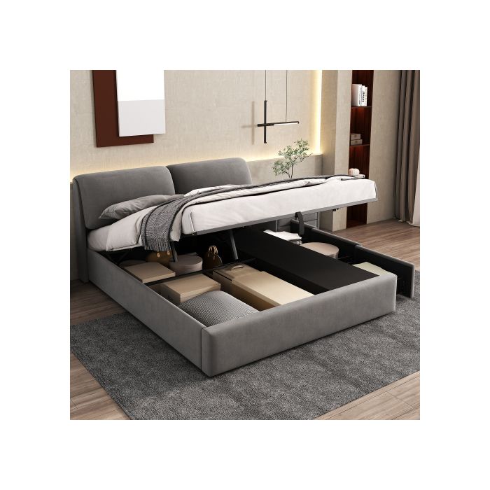 Lit - MUVOE - 180x200 - Tiroirs de rangement - Tête de lit réglable - Tissu velours gris