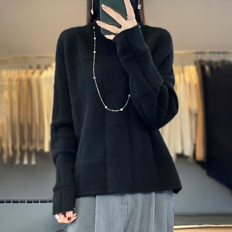 

Ретро универсальный клетчатый свитер с высоким воротником женский свободный пуловер с длинным рукавом топ осень и зима верхняя одежда модный и простой стиль 46-81 (average size) чёрный