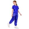 Unisex Kinder Tanzparty Kostüm Kurzarm Rundhals Metallic Glänzendes T-Shirt und Hose Performance Set