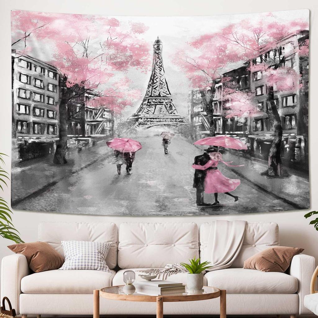 Romantic Oil Painting Style Eiffel Tower & Pink Umbrella Print Wall Hanging, for Living Room Bedroom Decor
