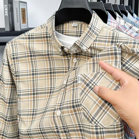 Herr Premium Långärmad Rutig Bomullsskjorta: Nedvikt krage, Vår/Höst Business Casual