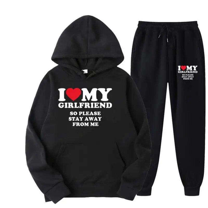 Couple Sets I Love My Boyfriend Print Men Hoodies Sweatpants 2PCS Suits Women Tracksuit Sweatshirts and Joggers Lover Sets