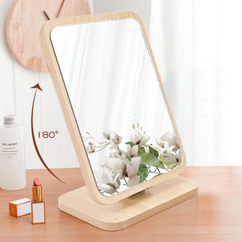 Wooden Foldable Tabletop Makeup Mirror with High-Definition Surface for Dorm or Home Use.