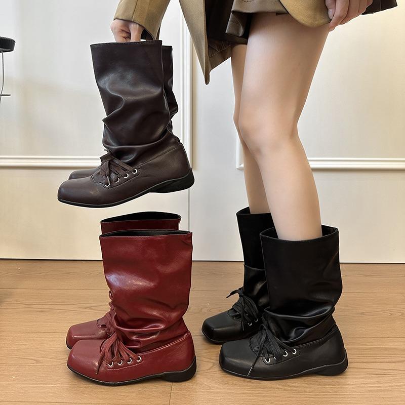 Vintage Western Pile Boots Women's New Autumn Versatile Folded Boots Straps Square Head Knight Boots