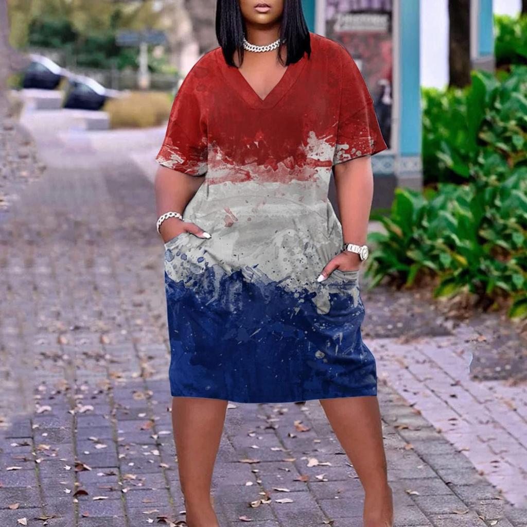 Robe d'été grande taille pour femmes, col en V, manches courtes, poches aux genoux, décontractée, pour le jour de l'indépendance, 2022