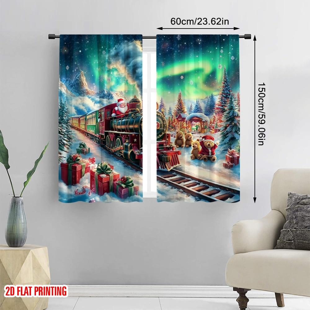 2pcs,2D Plane Printing Creative Curtains Christmas Train2 (3) Versatile Durable Polyester (without Rod) Room Decor Ldeal for