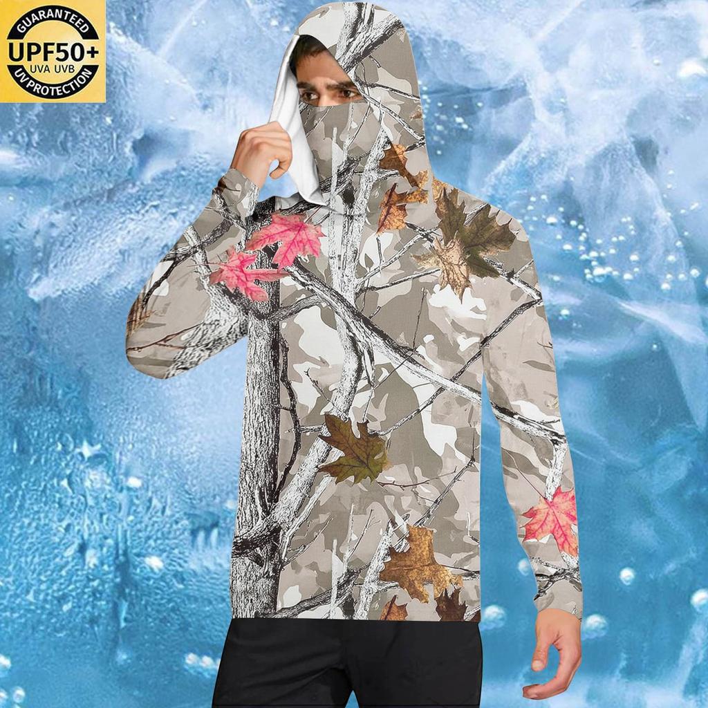 Men's Casual Leaf Camouflage Print Hooded Long Sleeve Sun Protection Jacket Lightweight Breathable Outdoor Sportswear