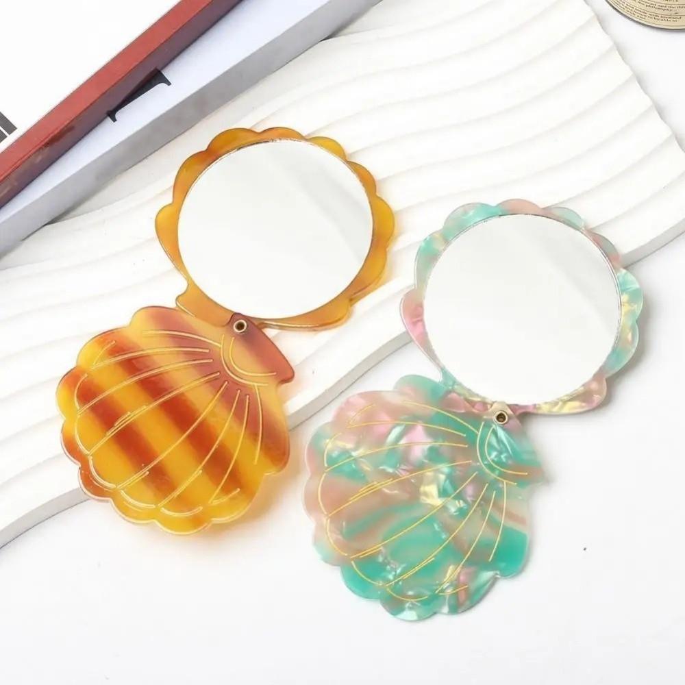 Espejo de Maquillaje Portátil Forma de Concha Plegable Espejo Cosmético de Ácido Acético de Mano Ligero Pequeño Espejo para Mujeres Niñas