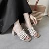 Krazing Pot Straw Weaving Handmade Summer Size 40 High Quality Slip on French Chic Chunky Heels Women Peep Toe Sandals