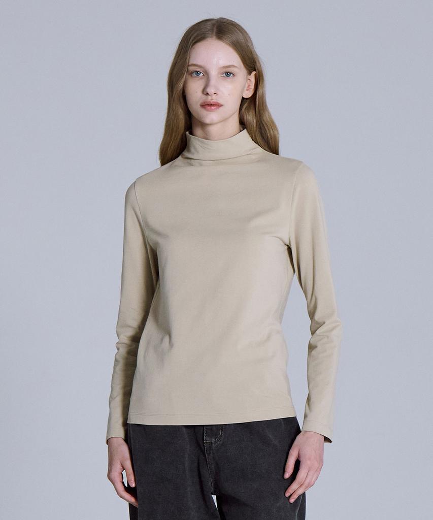 BASIC HOUSE Women'S High-Neck Stretch Long-Sleeve T-Shirt Beige Lats0219