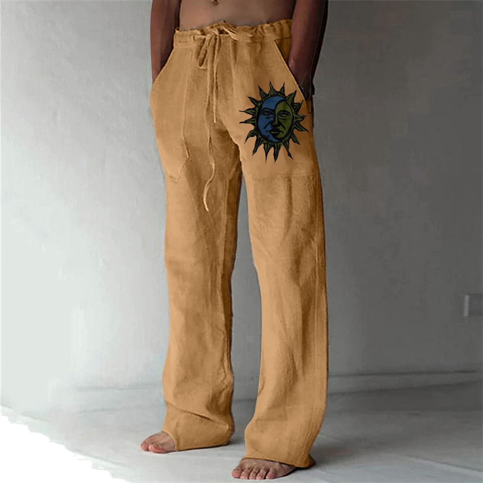 

Мужские свободные повседневные однотонные хлопковые льняные брюки с принтом и эластичными завязками S верблюд