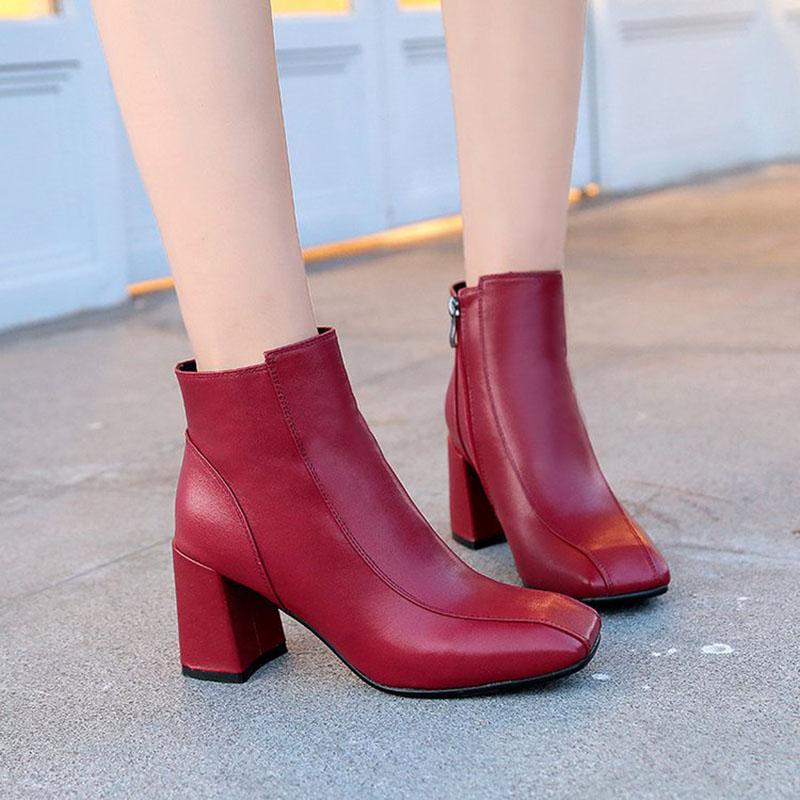 Fashion Women's Ankle Boots Autumn 2024 Fashion New Square Toe Red High Heel Shoes Casual Woman Black Side Zipper Short Boot Botas Mujer