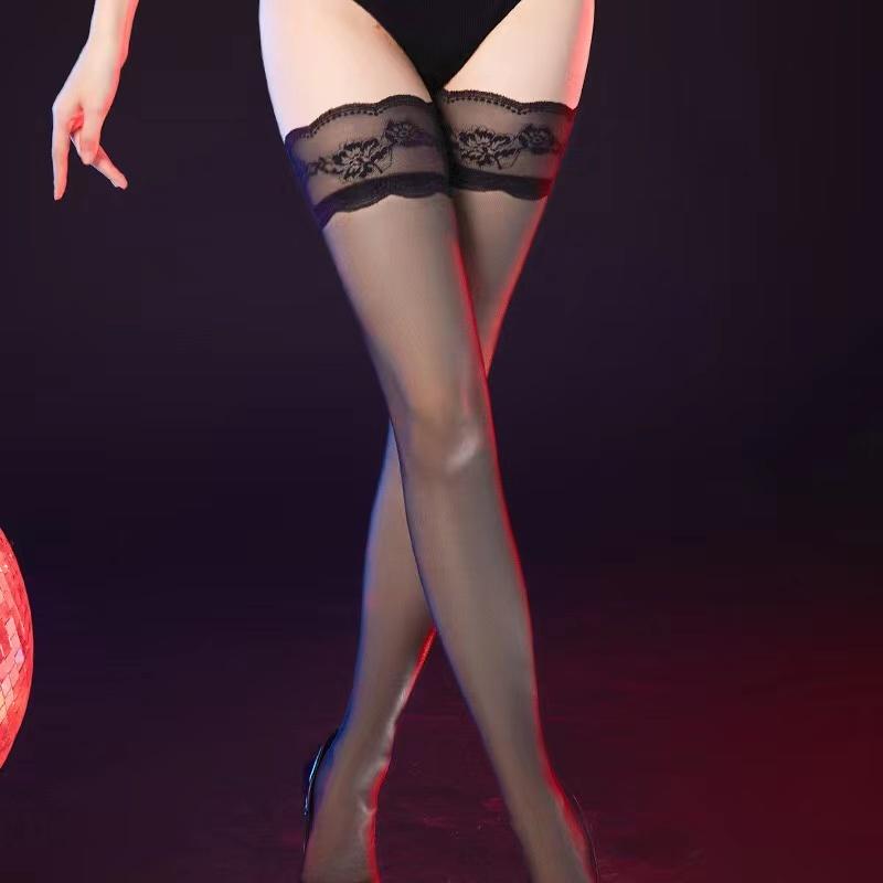 8D Oil Shiny Silk Transparent Medias Women Sexy Lace Top Silicone Thigh High Stockings Elastic Nylon Socks