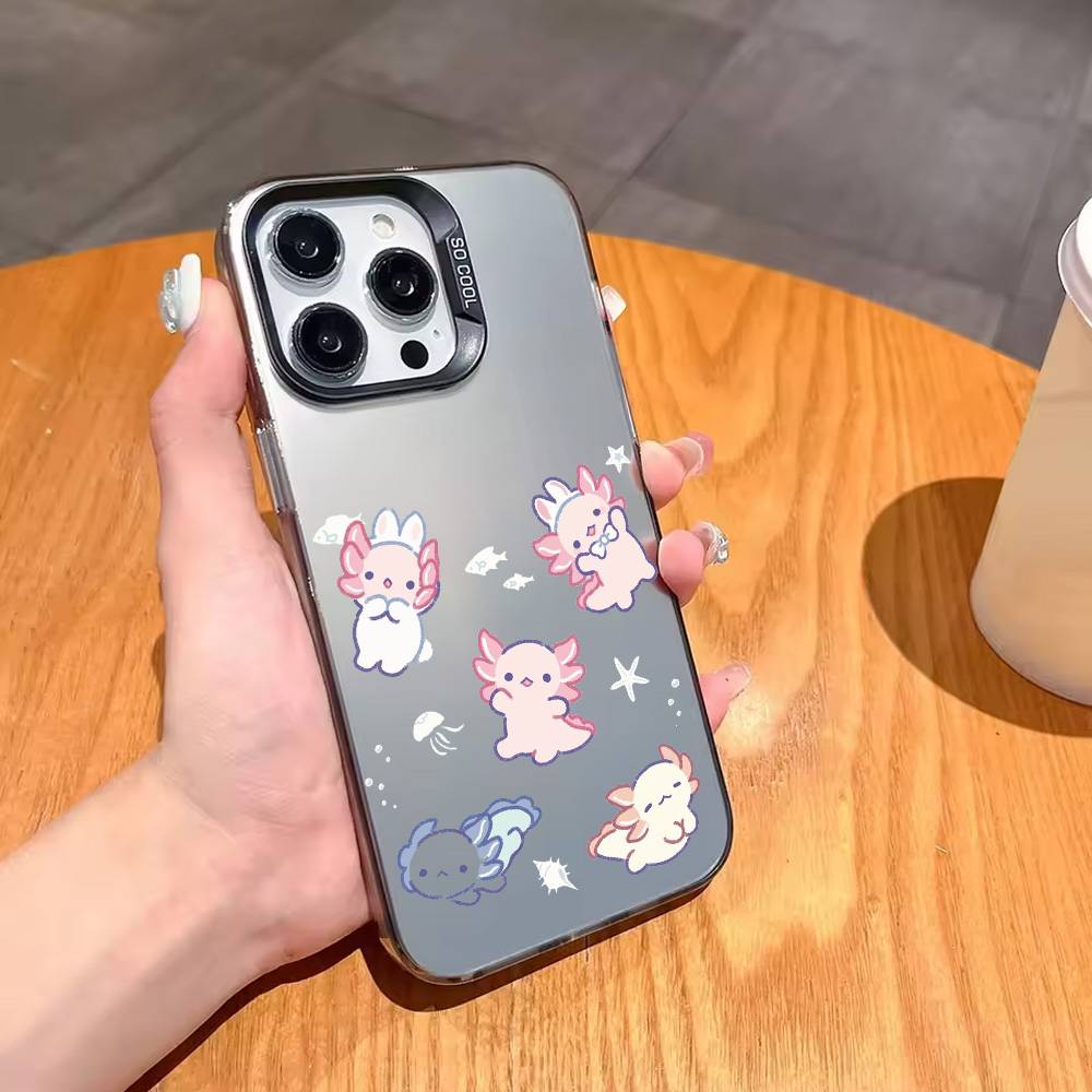 Cute C-Cartoon A-Axolotl Phone Case For iPhone17,16,15,14,13,12,11 Plus,Pro Max Black Candy Silver Plated Cover