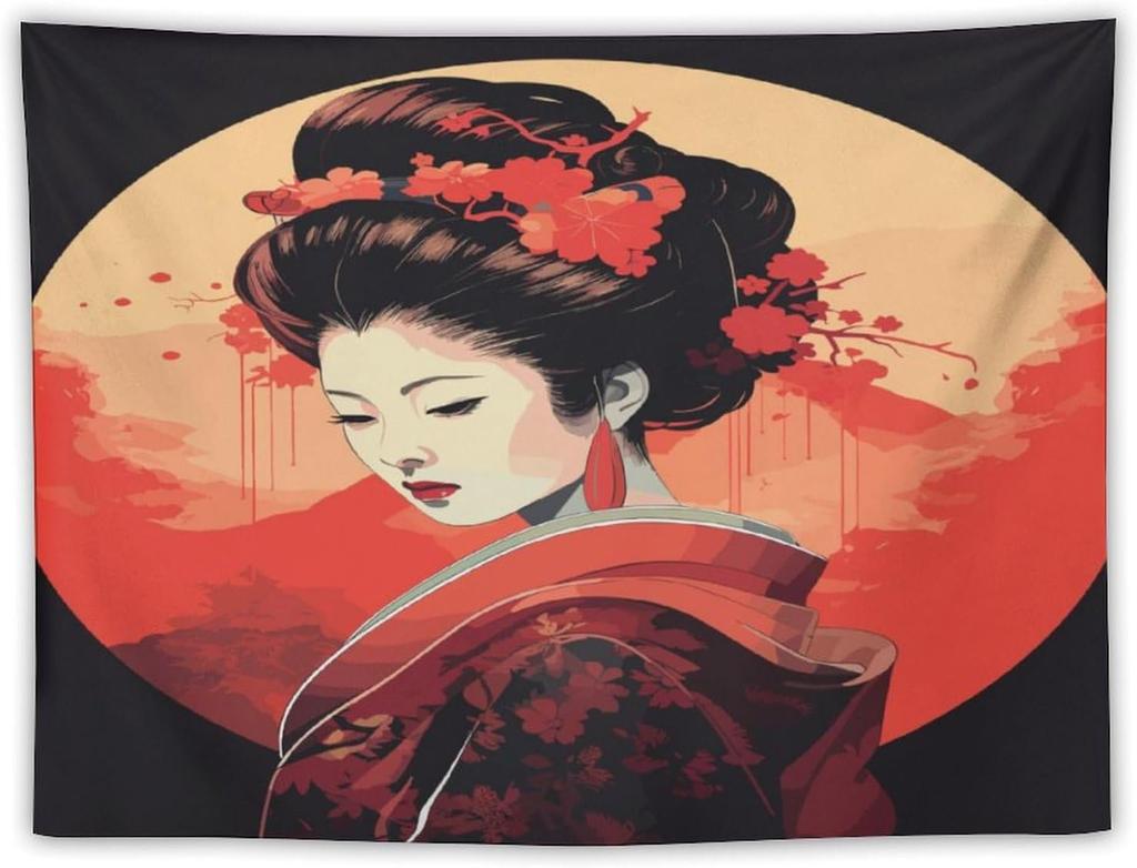 Japanese Red Geisha Tapestry Asian Cherry Blossom Traditional Kimono Folk Tapestries Home Decor Living Room Bedroom Apartment