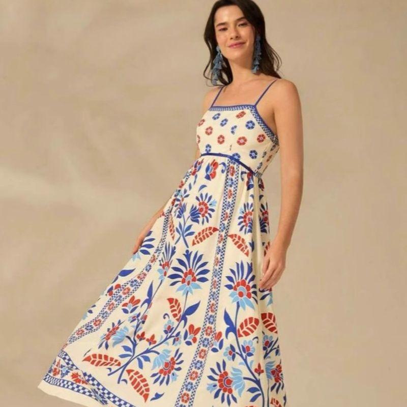 Printed Dress 2025 European and American Summer New Vacation Foreign Trade Women clothes Flowers Print Sling Dress