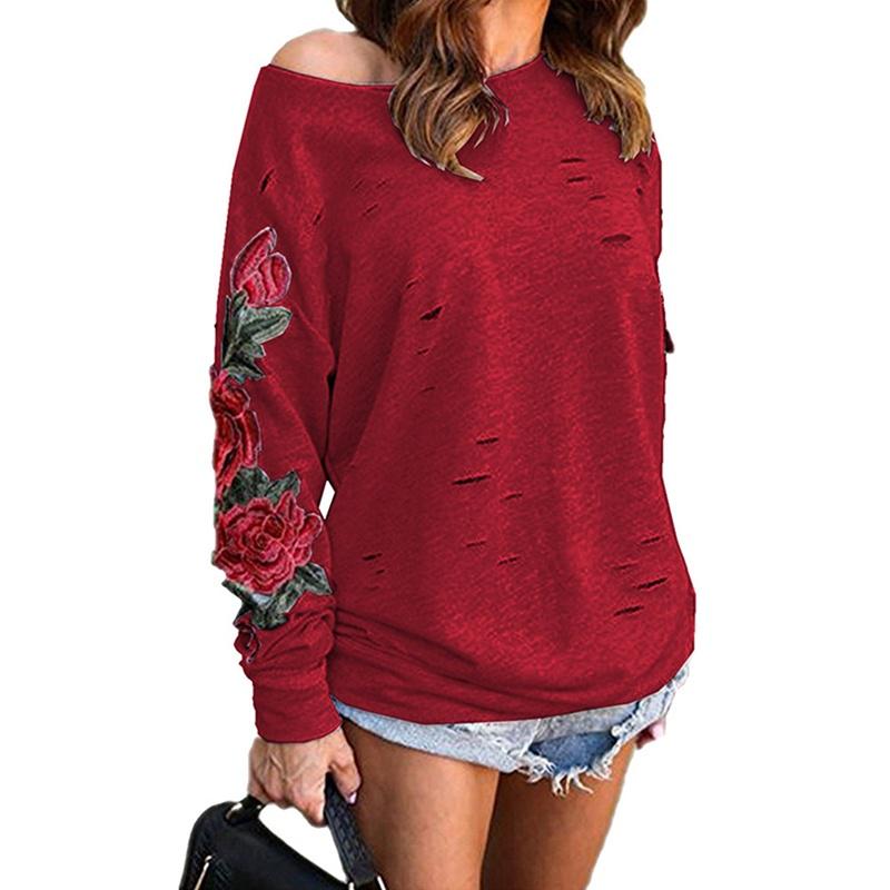Embroidery Red Rose Floral Print Women's Sweatshirt main image 1