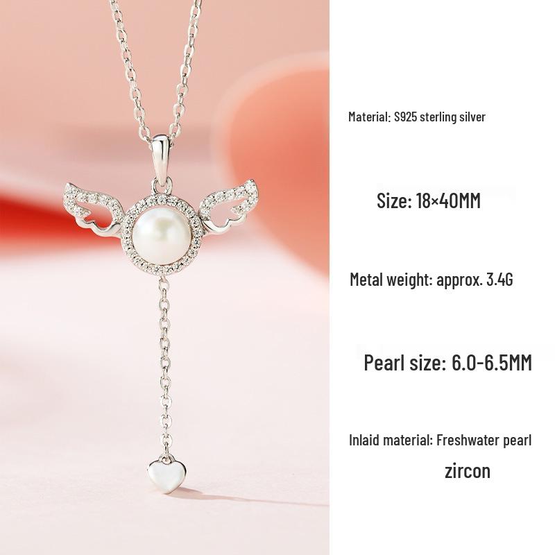 S925 Sterling Silver Cupid s Heart Necklace with Movable Wings  Freshwater Pearl Tassel Pendant 925 Sterling Silver