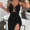 New European and American Sexy Hollow Hip Wrap Sleeveless Split Slim Hip Wrap Suspender Dress