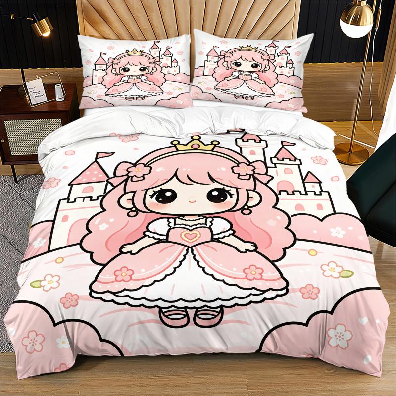 Pink Cartoon Princess Castle Floral Duvet Cover Set Comforter Cover Bedding Set No Filler HD Print Soft Bedroom Bed Cover