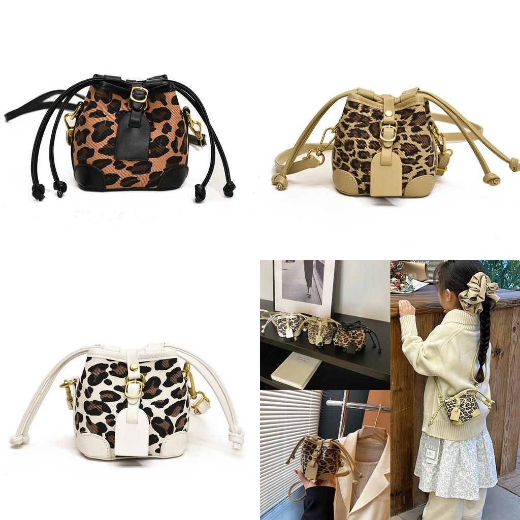 Childrens Retro Leopard Print Drawstring Water Bucket Bag With Pu Material For School And Casual Use