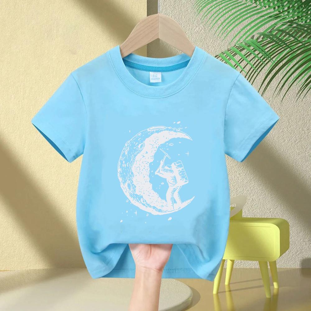 Kids 100 Cotton Moon Print Casual Summer Cool Short Sleeve Boys and Girls Tshirt Tee Tops