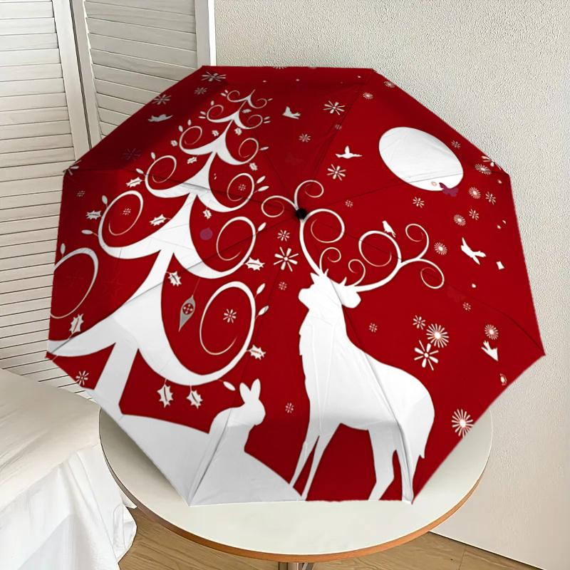 Christmas Deer & Tree Design Automatic Opening Folding Umbrella - 8 Bone Iron Frame, Suitable for Fans, Travel, Daily Use, Festive Gift11212