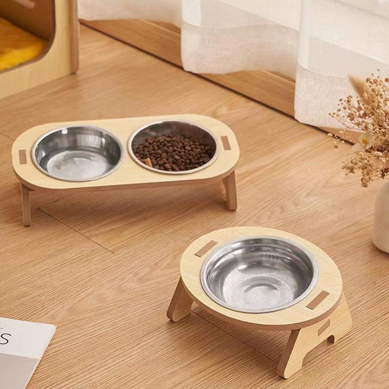 Elevated Pet Bowls Tilted Single/Double Cat Stainless Steel Food Bowls Wooden Dog Water Feeding Container Cat Supplies