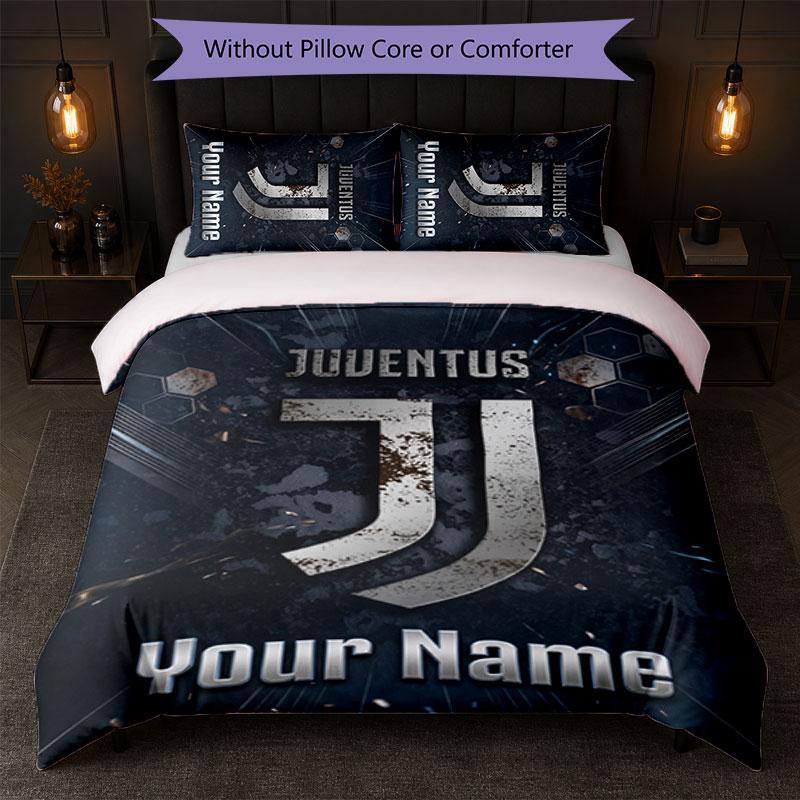 Juventus FC Custom Name Text Bedding Set 1 Duvet Cover+2 Pillowcases Soccer Logo Personalized Gift For Special Occasion Bedroom Decor