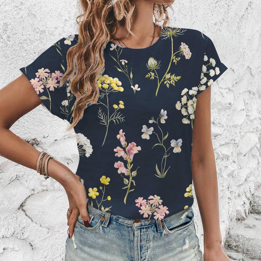 Vintage Flower Print High Quality T-shirt 2024 Casual Breathable Women's T-shirt New Elegant Fashion Loose Round Neck T-shirt