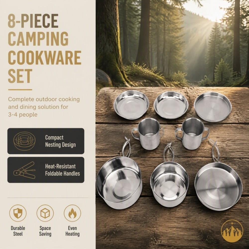 8 Pcs 3-4 Person Cookware Set Stainless Steel Backpacking Cooking Pot Camping Mess Kit  Outdoor