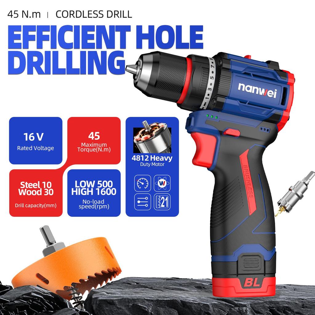 NANWEI 45N Electric drill 10 mm with two-speed function, 16V, brushless motor