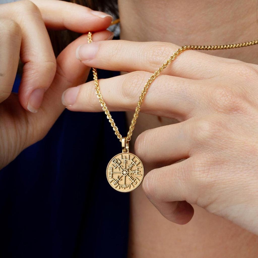 Charm Vegvisir Compass Pendant Necklace Gold/Silver Color Viking Rune Pendant Vegvisir Amulet Gift For Him Her, Viking Jewelry