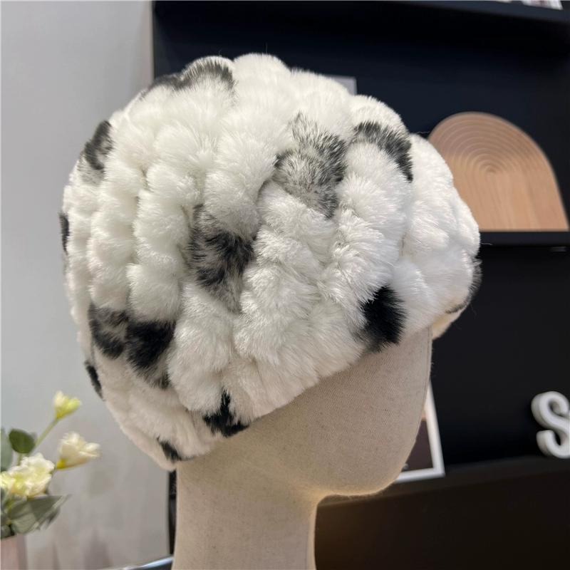 Căciulă din Blană de Iepure Rex Reală, Tricotată din Lână Caldă și Rezistentă la Frig, Versatilă pentru Toamnă și Iarnă pentru Femei