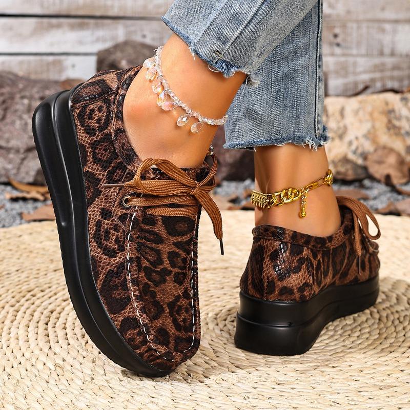 Fashion Casual Shoes Spring and Autumn Leopard Print Plus Size Single Shoes Lace-up Platform Heightened Round Toe Women's Shoes
