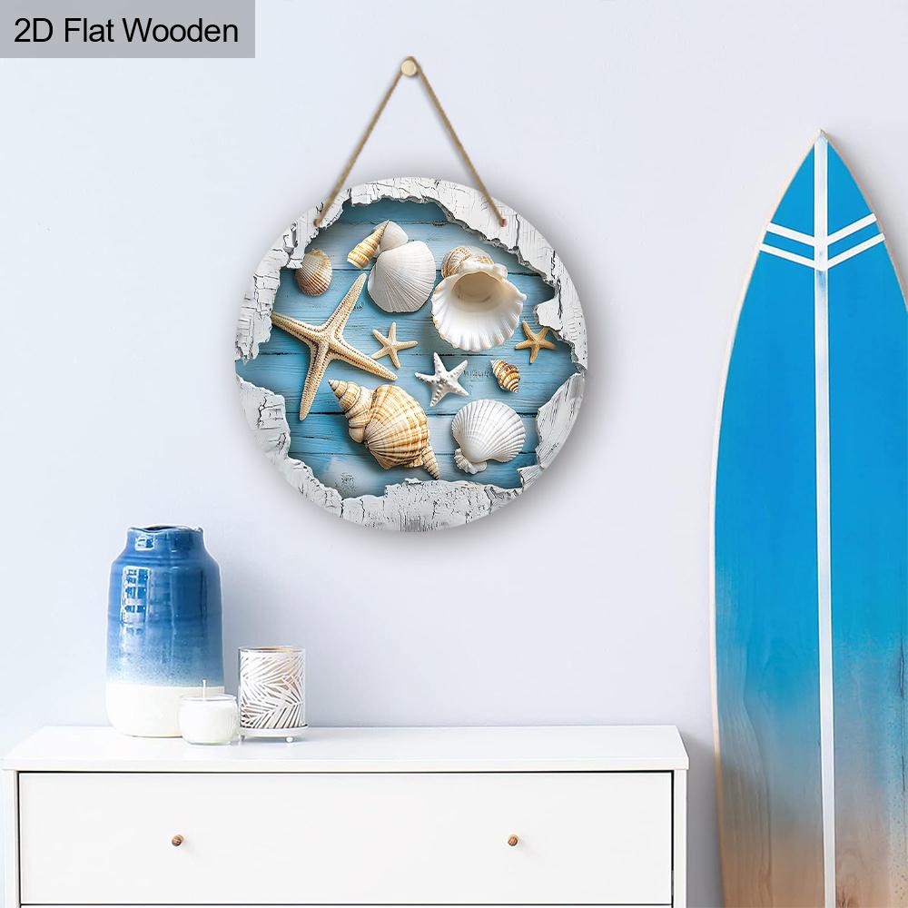 Sommer Holzschild mit Seestern- & Muschelmuster - Rustikale dekorative Hängeplakette - Ideal für vielseitige Verwendung
