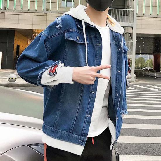 Jean Jacket Fake Two Piece Hooded Contrast Color Streetwear Spring Autumn Loose Single Breasted Outerwear Coat for Outdoor
