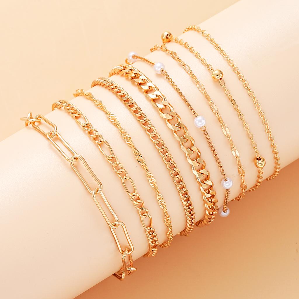 7Pcs/Set Bohemian Bracelet For Women Punk Style Cold Color Pearl Metal Multi-layer Hollow Twisting Snake Chain Simple Jewelry