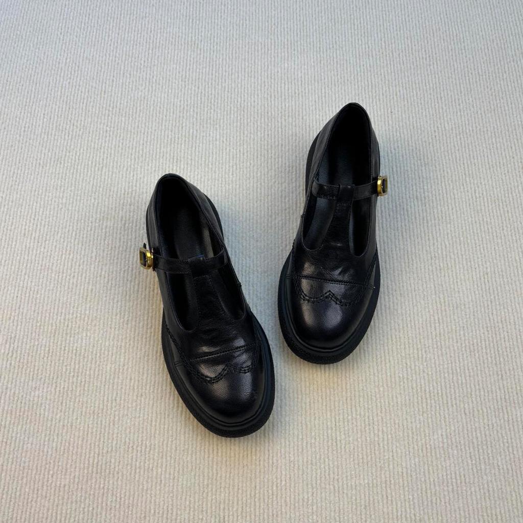 Sheepskin Version~ Retro Commuter Mary Jane Loafers Women's Hollow T-button Small Leather Shoes Thick Heel Thick Sole Round Head Single Shoes