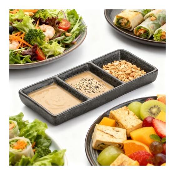 Japanese Style Ceramic 3-Compartment Dipping Dish with Chopstick Rest - Black, Microwave/Dishwasher Safe, Stackable, Perfect for Sauces, Appetizers,