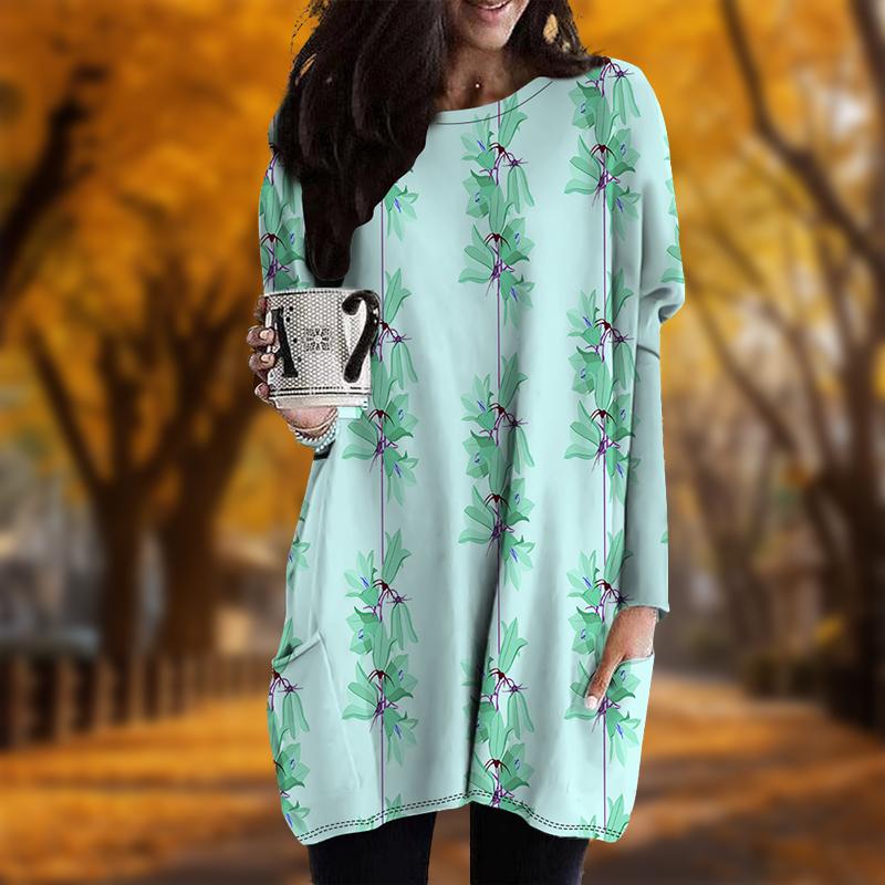 

Новинка осени Простой принт в виде цветка-трубы Плюс Размер Платье Женское O-образный вырез Длинные рукава Повседневные платья с карманами 8XL мятный