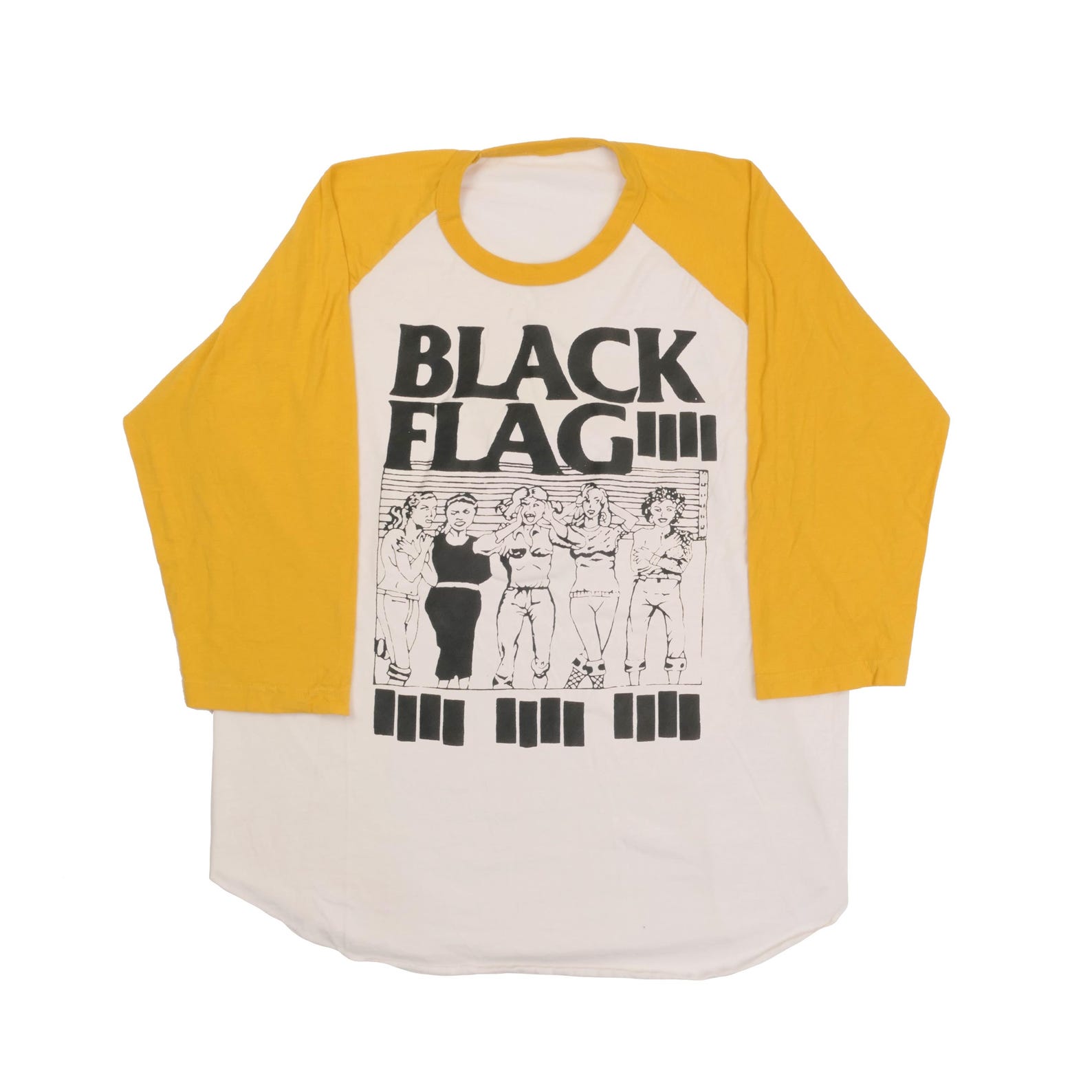Black Flag Raglan Baseball Tee Raymond Pettibon Album Art Female Line Up Mug Shot Vintage American Punk Rock Band Faded White Shirt - Medium L