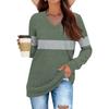 Women's Fashionable Oversized V-Neck T-Shirt With Striped Patchwork Print Long-Sleeved Pullover Top